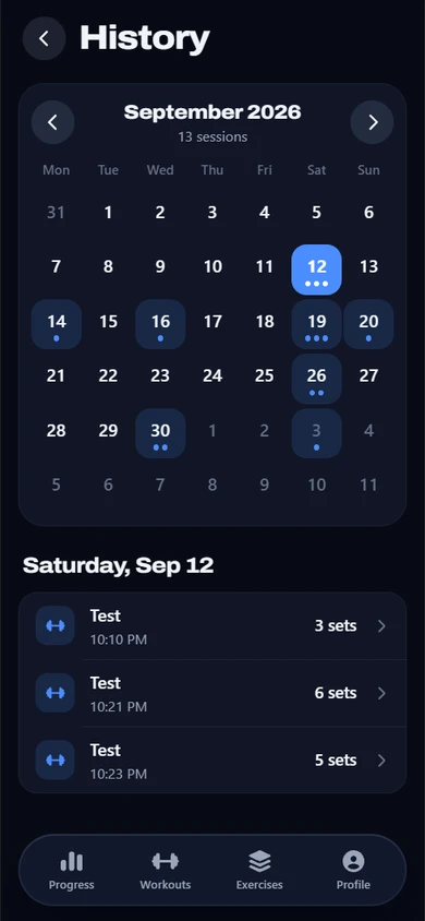 The History screen in Fortivus: a monthly training calendar with dots on the days you trained and the sessions for the selected day.