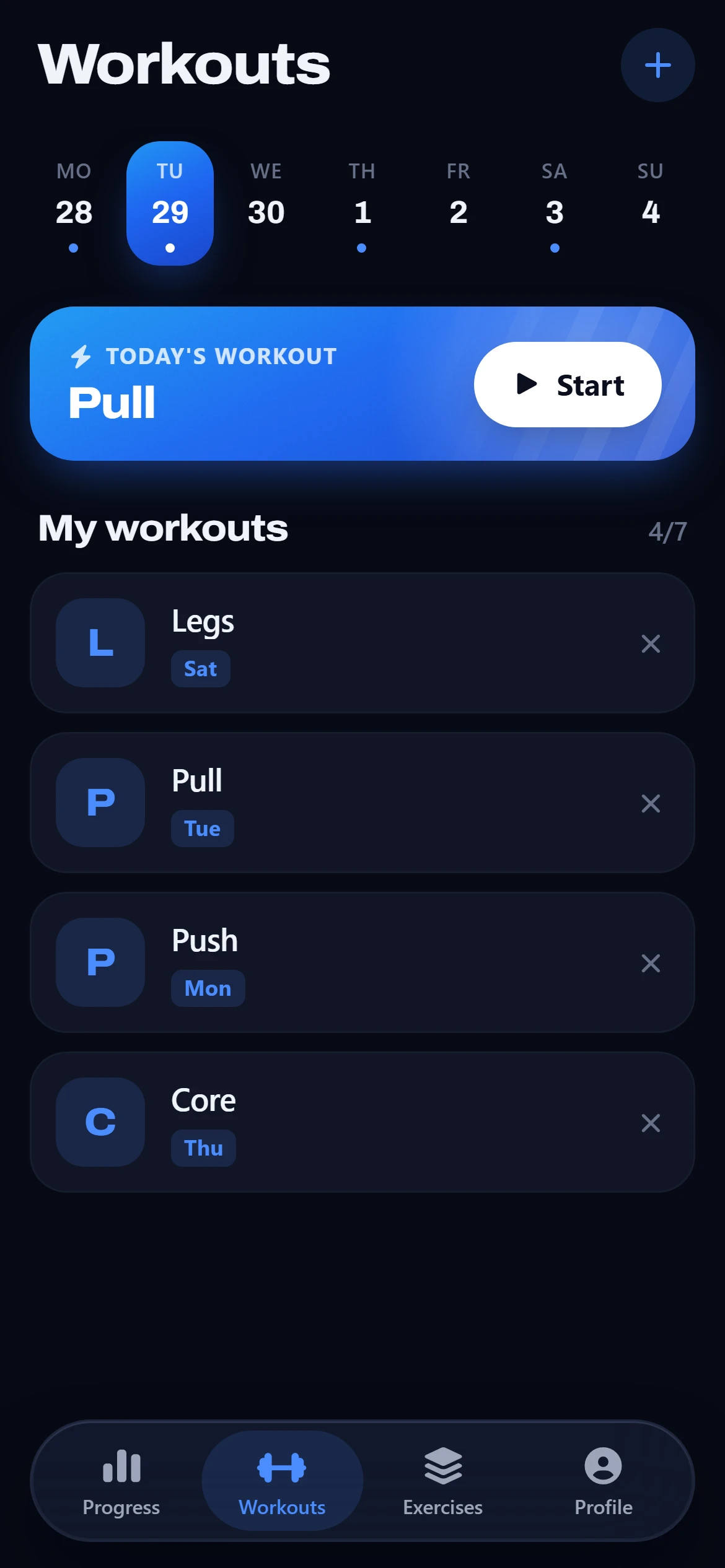 The Workouts screen in Fortivus: this week's days, today's workout with a Start button, and a list of saved routines.